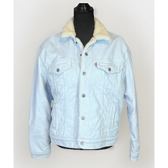 Levi's Original Trucker Jacket Womens Sz M Blue Wide Whale Corduroy Faux Sherpa - Picture 1 of 8